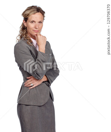 Business woman, thinking in portrait with idea and inspiration, motivation isolated on white background. Success, dream and leadership, senior executive and management mockup with corporate career Business woman, thinking in portrait with idea and inspiration, motivation isolated on white background. Success, dream and leadership, senior executive and management mockup with corporate career 129706370