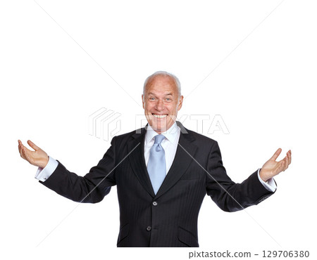 Senior businessman, raised hands and smile portrait for success, corporate goals and motivation isolated in white background. Elderly man, happy and excited with arms in air for ceo work celebration Senior businessman, raised hands and smile portrait for success, corporate goals and motivation isolated in white background. Elderly man, happy and excited with arms in air for ceo work celebration 129706380