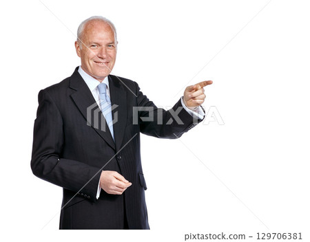 Happy, portrait and businessman pointing at mockup space for a marketing, advertising or product placement. Mock up, corporate and elderly male model point finger while isolated by a white background Happy, portrait and businessman pointing at mockup space for a marketing, advertising or product placement. Mock up, corporate and elderly male model point finger while isolated by a white background 129706381
