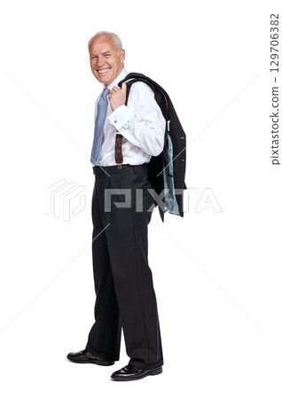 Portrait, business and mockup with a senior man in studio isolated on a white background for advertising. Marketing, mock up and space with a mature male employee holding his jacket on blank space 129706382