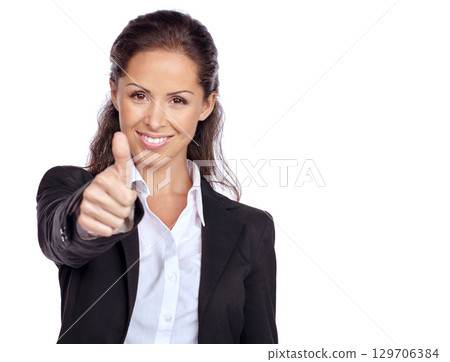 Woman, corporate and studio portrait with thumbs up, smile and success by white background. Isolated executive, business leader and hand sign for goals, innovation and agreement with company vision 129706384