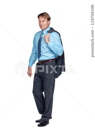 Business man, portrait and success with leadership and corporate ceo isolated on white background. Senior executive businessman, mindset and vision, management with professional mockup and leader 129706386