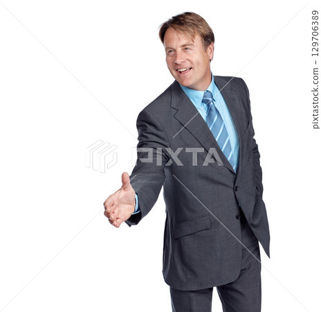 Businessman, handshake and suit with smile in studio for focus, deal and leadership by white background. Happy corporate leader, recruitment or isolated for shaking hands, welcome and company vision Businessman, handshake and suit with smile in studio for focus, deal and leadership by white background. Happy corporate leader, recruitment or isolated for shaking hands, welcome and company vision 129706389