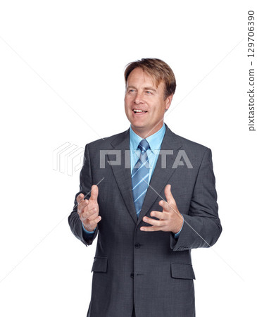Businessman, ceo speaker and senior employee ready for a financial presentation with a smile. White background, mature worker and finance professional model looking proud and smart in a studio Businessman, ceo speaker and senior employee ready for a financial presentation with a smile. White background, mature worker and finance professional model looking proud and smart in a studio 129706390