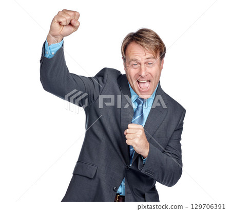 Business man, success and fist pump with winner in career, celebrate and champion isolated on white background. Happy man, excited about professional win and cheers with leadership and celebration Business man, success and fist pump with winner in career, celebrate and champion isolated on white background. Happy man, excited about professional win and cheers with leadership and celebration 129706391