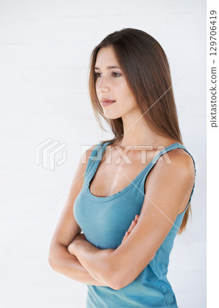 Young woman, arms crossed and thinking for happiness, and female isolated on white studio background. Girl, lady and gesture with focus, concentration and idea with confidence, mindset and wellness Young woman, arms crossed and thinking for happiness, and female isolated on white studio background. Girl, lady and gesture with focus, concentration and idea with confidence, mindset and wellness 129706419