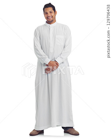 Islamic clothes, muslim man and studio portrait isolated on white background for arabic culture. Holy moslem guy, religion and peace for eid mubarak, spiritual worship and fasting in ramadan to allah Islamic clothes, muslim man and studio portrait isolated on white background for arabic culture. Holy moslem guy, religion and peace for eid mubarak, spiritual worship and fasting in ramadan to allah 129706438
