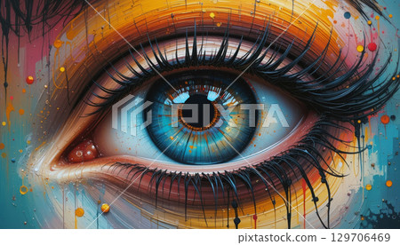 Vivid Artistic Interpretation of a Human Eye With Vibrant Colors and Abstract Pattern. 129706469