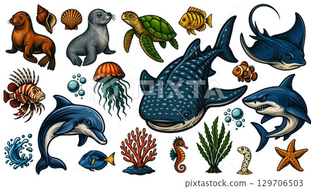 Retro style aquarium fish and animals vintage illustration set Retro style aquarium fish and animals vintage illustration set 129706503