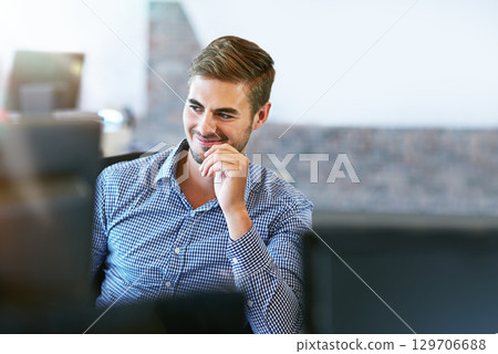 Happy, smile and face of businessman at computer for management, leadership and vision. Professional, executive and future with thinking employee in digital agency for mindset, career or goal 129706688