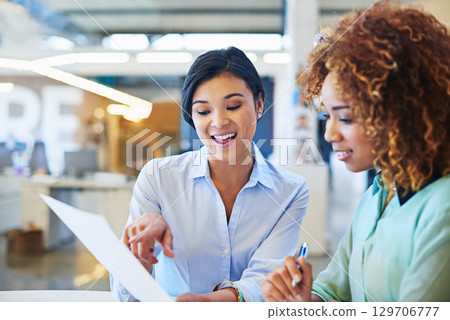 Human resources, interview and contract with a woman manager and candidate meeting at work. Business, documents and review with a female employer working on recruitment or hiring in the office 129706777