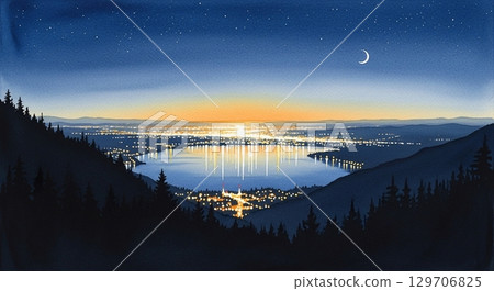 Night view of the lake and city lights from the top of the mountain 129706825
