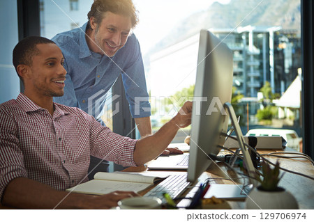 Business, computer and men talking, digital marketing and update schedule for planning, campaign and website launch. Male employees, manager and consultant online reading, web design or collaboration 129706974