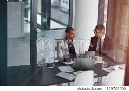 Business team, tablet and planning collaboration online for finance strategy or partnership. Management men together in a meeting discussion with documents and internet for tax audit report in office Business team, tablet and planning collaboration online for finance strategy or partnership. Management men together in a meeting discussion with documents and internet for tax audit report in office 129706990