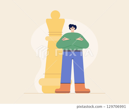 Flat style cartoon character with chess pieces. Business strategy concept. Vector flat cartoon style. Flat style cartoon character with chess pieces. Business strategy concept. Vector flat cartoon style. 129706991