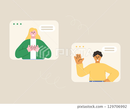 Flat design cartoon illustration of a business team in an online video conference meeting. Online business meeting concept. Vector flat cartoon style. Flat design cartoon illustration of a business team in an online video conference meeting. Online business meeting concept. Vector flat cartoon style. 129706992