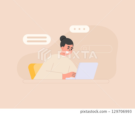Flat style illustration of a woman using a laptop to search for information. Search concept. Vector flat cartoon style. 129706993