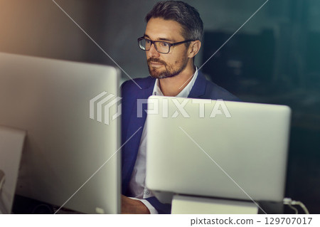 Corporate, computer and man typing, night, and connection for digital marketing, schedule and deadline. Male employee, entrepreneur and ceo reading online, late and planning database for management 129707017