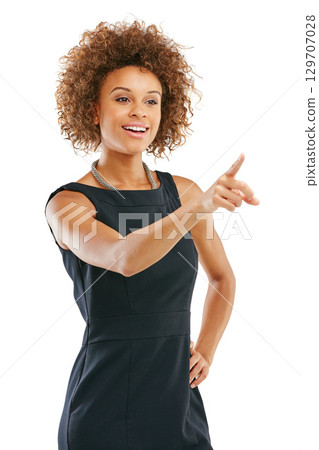 Black woman, hand and pointing by business woman in studio for advertising on white background. Woman, hand gesture and entrepreneur with vision for marketing, idea and isolated for product placement 129707028