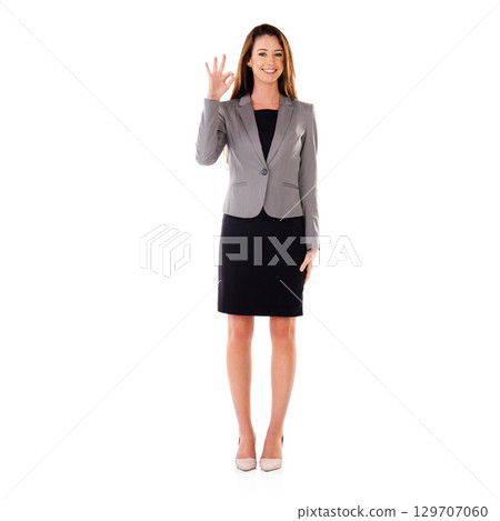 Business woman, OK and agreement in portrait with yes hand gesture, motivation isolated on white background. Corporate, career and success with vision, mindset and smile in positive feedback mockup Business woman, OK and agreement in portrait with yes hand gesture, motivation isolated on white background. Corporate, career and success with vision, mindset and smile in positive feedback mockup 129707060