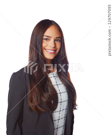 Business woman, smile and portrait of a corporate lawyer employee happy and ready to work. Isolated, white background and worker vision of a black woman with happiness from professional career 129707095