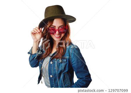 Woman, portrait or fashion sunglasses on isolated white background for trendy, cool or hipster brand marketing. Smile, happy or gen z model with clothing, hat or creative clothes on mock up backdrop Woman, portrait or fashion sunglasses on isolated white background for trendy, cool or hipster brand marketing. Smile, happy or gen z model with clothing, hat or creative clothes on mock up backdrop 129707099