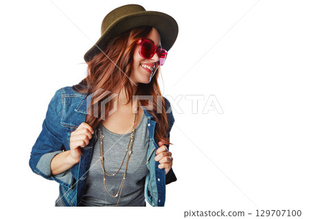 Fashion, trendy and happy woman in studio with casual, stylish and funky outfit with accessories. Happiness, smile and female model with hat, sunglasses and edgy clothes isolated by white background. Fashion, trendy and happy woman in studio with casual, stylish and funky outfit with accessories. Happiness, smile and female model with hat, sunglasses and edgy clothes isolated by white background. 129707100