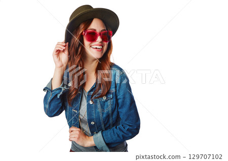 Happy, gen z and youth girl fashion with trendy style, sunglasses and excited smile for marketing. Happiness, cool and young fashionista model isolated on white background for advertising mockup. Happy, gen z and youth girl fashion with trendy style, sunglasses and excited smile for marketing. Happiness, cool and young fashionista model isolated on white background for advertising mockup. 129707102