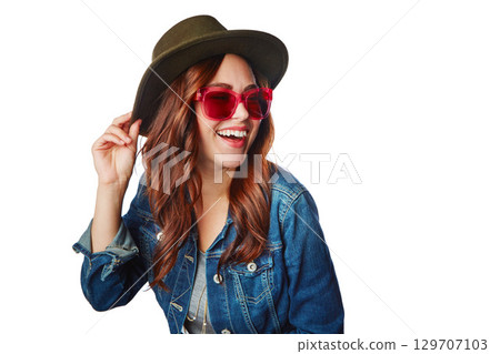 Woman, smile and hat with glasses in fashion with style for summer against a white studio background. Happy isolated female smiling in happiness for stylish sunglasses or clothing on white background 129707103