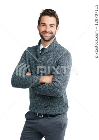Business man, happy portrait and smile for motivation for leadership and corporate success in studio. Male model with arms crossed isolated on a white background with vision, pride and power 129707115