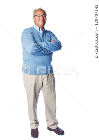 Portrait, thinking and senior man in studio, relax and proud while enjoying retirement on white background. Confident, relaxed and retirement elderly man posing, satisfied and content while isolated Portrait, thinking and senior man in studio, relax and proud while enjoying retirement on white background. Confident, relaxed and retirement elderly man posing, satisfied and content while isolated 129707142