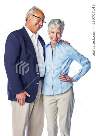 Love, smile and portrait of senior couple standing in studio, isolated on white background. Retirement, happy and healthy relationship, romance for elderly man with woman together in formal clothes. Love, smile and portrait of senior couple standing in studio, isolated on white background. Retirement, happy and healthy relationship, romance for elderly man with woman together in formal clothes. 129707148