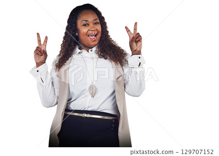 Happy, peace sign hands and black woman portrait of a business worker with a smile excited. White background, employee and professional african female with cool gan sign isolated and content 129707152