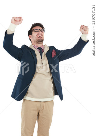 Winner, success and champion with man and fist pump, celebration and bonus isolated on white background. Winning, happiness and excited about win with pride, celebrate and happy man with reward 129707155