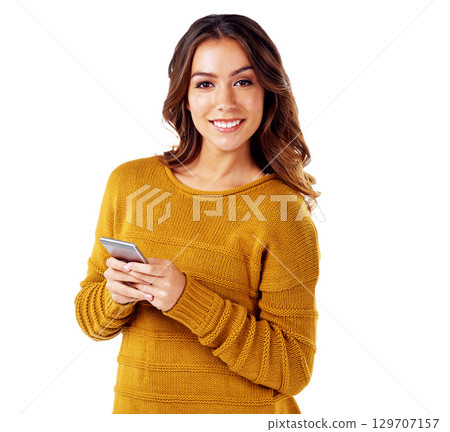 Portrait of woman with phone, smile and typing message or email isolated on white background. Communication, technology and networking social media, influencer or happy woman with smartphone in hands Portrait of woman with phone, smile and typing message or email isolated on white background. Communication, technology and networking social media, influencer or happy woman with smartphone in hands 129707157