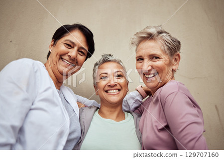 Senior women, portrait and group exercise for fitness, workout or happiness of healthy lifestyle together. Elderly female friends, sports and training for wellness on wall background for team support Senior women, portrait and group exercise for fitness, workout or happiness of healthy lifestyle together. Elderly female friends, sports and training for wellness on wall background for team support 129707160