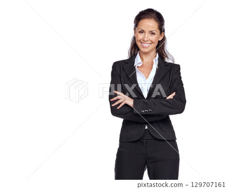 Woman, corporate and studio portrait with arms crossed, smile and happiness by white background. Isolated executive, business leader and happy for mission, innovation and success with company vision Woman, corporate and studio portrait with arms crossed, smile and happiness by white background. Isolated executive, business leader and happy for mission, innovation and success with company vision 129707161