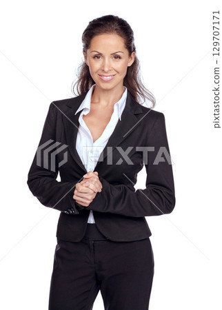 Fashion, business and portrait of a woman in studio with a fancy, luxury and stylish outfit. Happy, smile and female model with professional, corporate and classy clothes isolated by white background 129707171