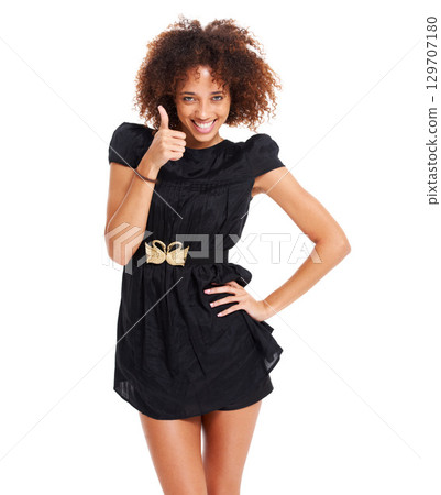 Thumbs up, satisfaction and portrait of happy black woman with gesture for congratulations, well done or discount sales deal. Winner, finished and girl with emoji symbol for yes, like or agreement 129707180