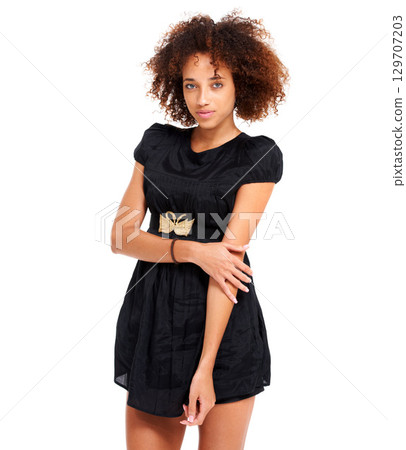 Black woman, fashion model and portrait of a person with natural hair, youth and designer clothing. Cool, calm and beauty of a african female with afro hairstyle with mockup and stylish dress design 129707203
