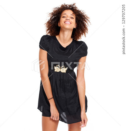 Happy, portrait and African fashion model in a studio with casual, designer brand and chic clothes. Style, young and black woman with a stylish, apparel and cute dress outfit by a white background. Happy, portrait and African fashion model in a studio with casual, designer brand and chic clothes. Style, young and black woman with a stylish, apparel and cute dress outfit by a white background. 129707205