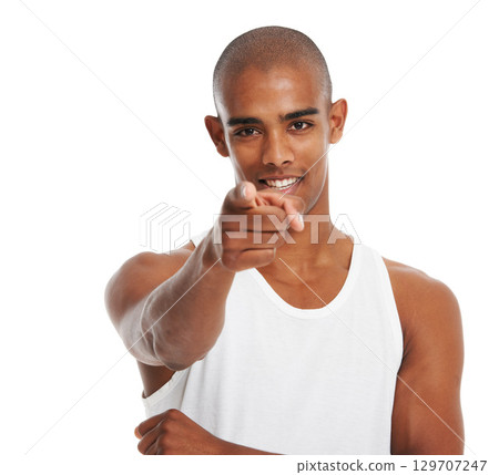Black man, studio portrait and pointing with hand, smile and focus with wellness by white background. Happy gen z man, point finger and isolated for confidence, handsome and muscle body in Chicago Black man, studio portrait and pointing with hand, smile and focus with wellness by white background. Happy gen z man, point finger and isolated for confidence, handsome and muscle body in Chicago 129707247