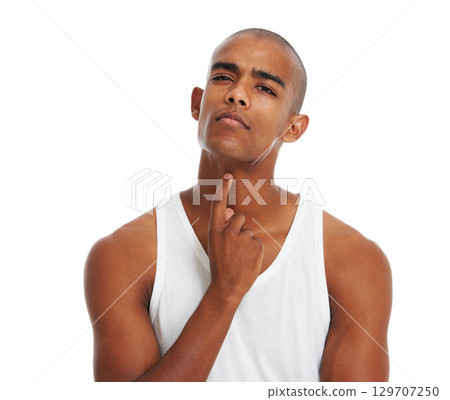 Thinking, idea and black man portrait with inspiration, vision and think attitude. Ideas, imagination and face touching of a young man model with alopecia planning and contemplation posing 129707250