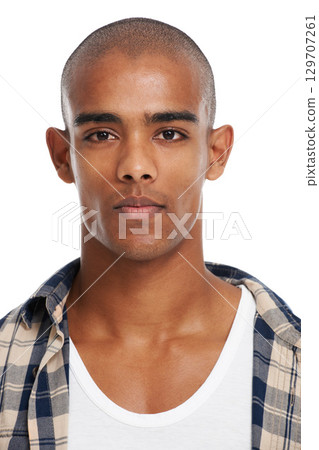 Natural, handsome and portrait of a man in a studio with clean, glowing and healthy skin. Confident, attractive and face of bald young male model from Puerto Rico while isolated by a white background 129707261