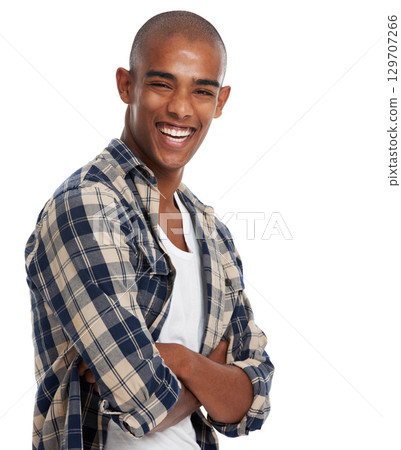 Laugh, happy and black man model portrait of a person from Chicago with cool style and happiness. Laughing, casual and bald young male university student alone with arms crossed and mockup space Laugh, happy and black man model portrait of a person from Chicago with cool style and happiness. Laughing, casual and bald young male university student alone with arms crossed and mockup space 129707266