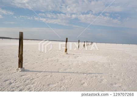 Salted wooden poles along the road. Salt lake Baskunchak, Astrakhan region, Russia. Salted wooden poles along the road. Salt lake Baskunchak, Astrakhan region, Russia. 129707268