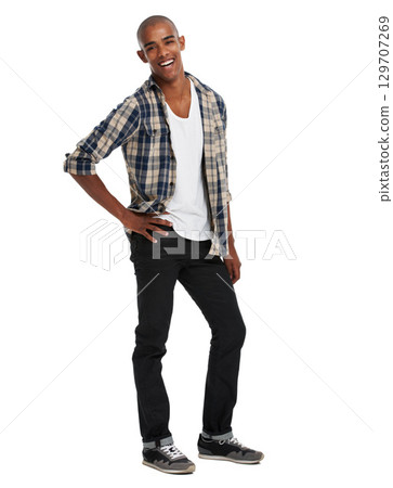 Portrait, body language and confidence with a black man in studio on a white background to promote trendy clothes. Happy, smile and natural with a casual male posing in casual or contemorary clothing Portrait, body language and confidence with a black man in studio on a white background to promote trendy clothes. Happy, smile and natural with a casual male posing in casual or contemorary clothing 129707269