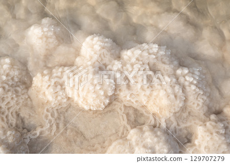 Close-up of naturally crystallized salt on the ground on the shore of the salt lake Baskunchak, Astrakhan region, Russia 129707279