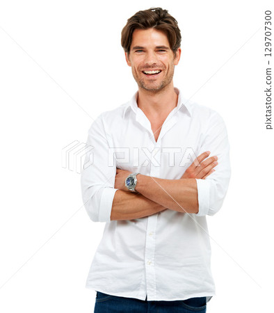 Portrait, smile and man arms crossed, fashion and confident guy isolated on white studio background. Male, gentleman and gesture for success, casual outfit and leadership with happiness and wellness 129707300