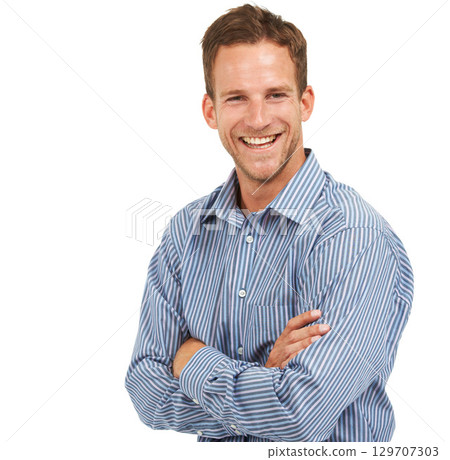 Young, happy and corporate portrait of businessman with arms crossed and cheerful mindset with smile for advertising. Happiness of handsome worker at white studio background with mockup. 129707303